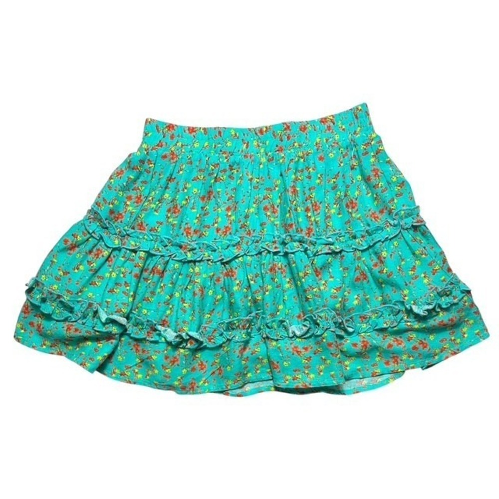 Chelsea & Violet Womens Sz S Teal Green Tiered Ruffle Floral Mini Skirt-1675